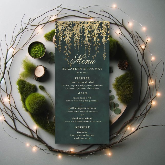 Forêt enchantée Magic Gold Foliage Menu Mariage (wedding menu card enchanted forest fairytale gold vines calligraphy)