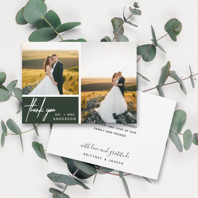 Forêt moderne Green Photo Collage Merci (Two photo hand lettered thank you wedding card with a minimalistic design perfect for any couple.)