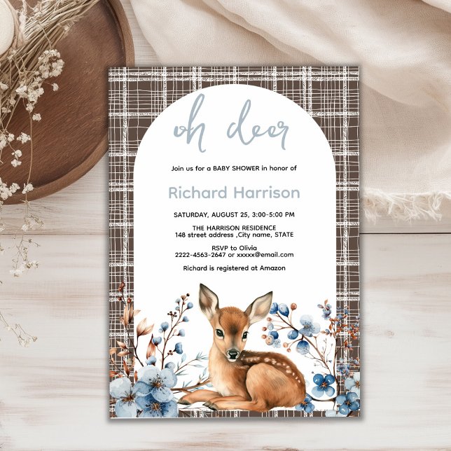 Forêt rustique Oh cerf mignon invitation baby show (Oh deer rustic blue florals with cute forest deer baby shower invitation, gender neutral, woodland )