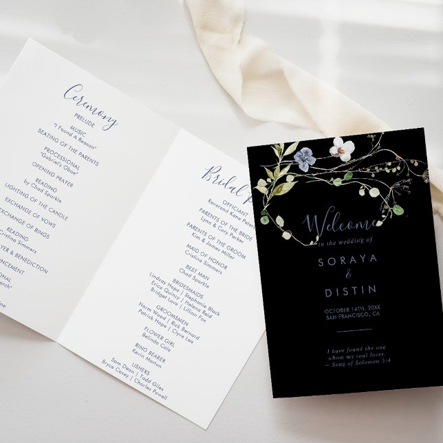 Forêt sauvage Floral plié Black Wedding Programme (Créateur téléchargé)