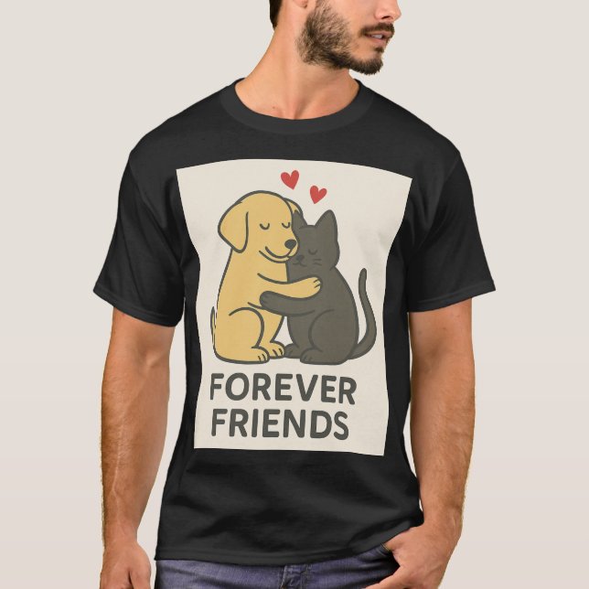 Forever Friends Cat & Dog Hugging T-Shirt | Cute P (Devant)