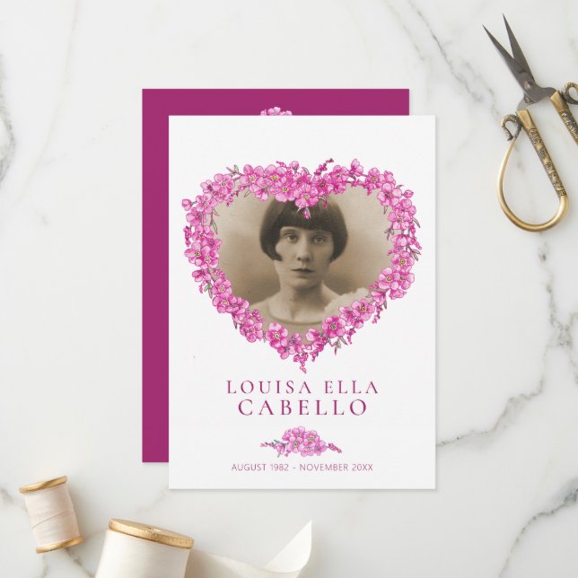 Forget-me-not funeral service programme fleur rose (Devant/Arrière en situation)