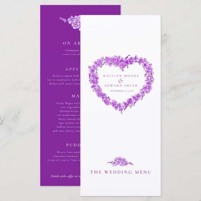 Forget-me-not heart purple white wedding menus (Devant / Derrière)