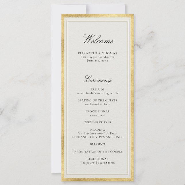 Formal Modern Classic Ecru Gold Wedding Program (Devant)