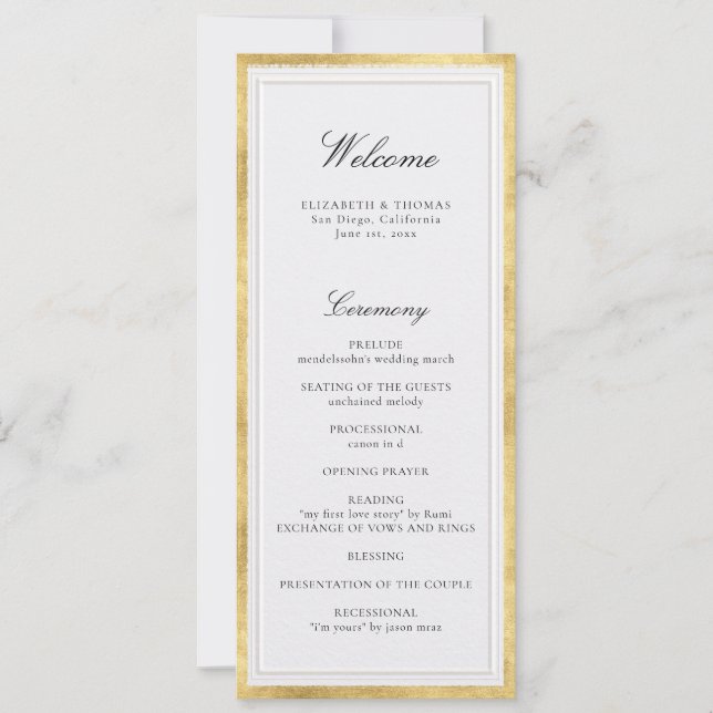 Formal Modern Classic Pearl Gold Wedding Program (Devant)