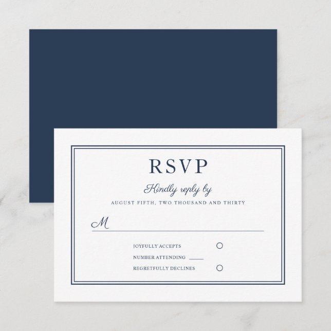 Formal Navy Blue Script Wedding RSVP Card (Devant / Derrière)