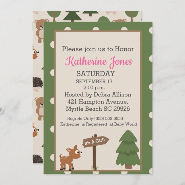Forrest Deer Girls Baby shower Invitation (Devant / Derrière)