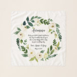 Foulard Albâtre Floral Wreath Flower Poem fille<br><div class="desc">Offrez à votre fille de fleur ce foulard en mousseline de gardienne qui porte son nom, vos noms et un poème attachant entouré d'une couronne botanique de feuillage vert aquarelle et de fleurs d'aquarelle blanche qui correspondent à notre suite mariage de fleurs d'Albâtre. Le poème dit : "Aujourd'hui vous tenez...</div>