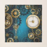 Foulard Arrière - plan turquoise à vapeur avec engrenages<br><div class="desc">Arrière - plan turquoise,  texturé,  steampunk avec des engrenages en laiton et or,  une clé en argent et l'horloge. Style Steampunk.</div>