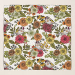 Foulard Goldfinches dans le jardin<br><div class="desc">Finches d'or dessinées à la main sur bouquets et feuilles - dahlias,  chrysanthèmes,  calendula,  lierre de confleurs et fougères</div>