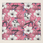 Foulard Heure du printemps en rose<br><div class="desc">Magnolia en floraison et métis bleus,  j'avais dessiné tous les éléments de ce motif d'abord avec de l'encre sur du papier,  puis redessiné et coloré dans Illustrator pour en faire un motif.</div>