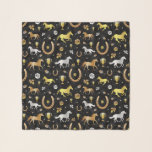 Foulard Horse Racing Derby Day Party Black Gold Motif<br><div class="desc">Célébrez votre derby de course à cheval préféré avec ce motif magnifique. Le design extensible est fait dans les tons or, argent et bronze sur le noir avec un léger effet marbre. Le motif orné comprend des chevaux, des trophées, des fer à cheval et des roses. Contactez FancyCelebration pour obtenir...</div>