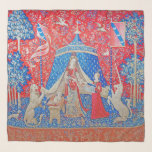 Foulard La Dame et la licorne / A Mon Seul Desir<br><div class="desc">La Dame et l'Unicorne est le titre moderne donné à une série de six tapisseries créées dans le style des mille fleurs (signifiant "mille fleurs") et tissées en Flandre de laine et de soie, de dessins ("dessins") dessinés à Paris vers 1500. L'ensemble, exposé au musée de Cluny à Paris, est...</div>