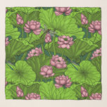 Foulard Le jardin du Lotus<br><div class="desc">Fleurs de lotus dessinées à la main,  feuilles et libellules. Conception motif</div>