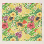 Foulard Mix-fruit tropical, fleurs et feuilles sur jaune<br><div class="desc">Mélange de motif médiatique peint à la main avec divers fruits tropicaux,  fleurs et feuilles</div>