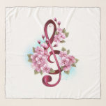 Foulard Notes de clef musicale en treble avec des fleurs S<br><div class="desc">Clé rose treble avec fines fleurs de cerisiers japonais roses et détaillés contre arrière - plan blanc peint avec peinture bleu clair. Sakura rose fleurissant.</div>