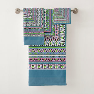 Foulard ornemental ethnique carré bleu et vert