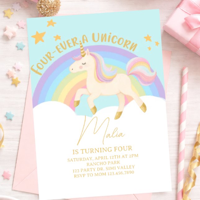 Four-Ever a Unicorn 4th Birthday Invitation – Past (Créateur téléchargé)