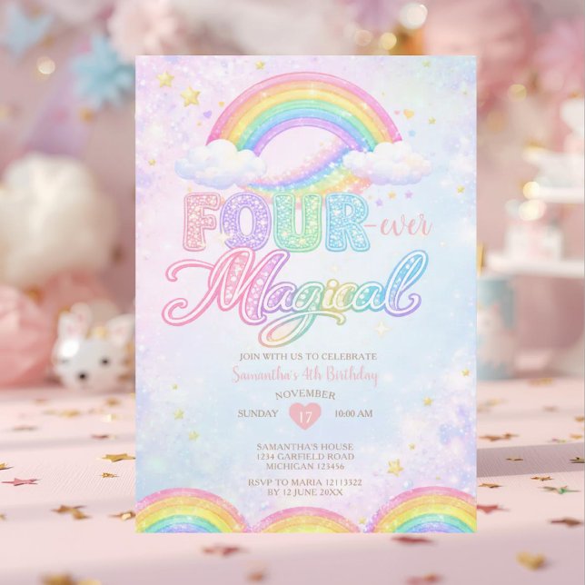 FOUR EVER Magical Rainbow 4th birthday invitation (Créateur téléchargé)