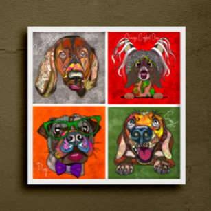 Four ugly dog faces unique abstract art poster