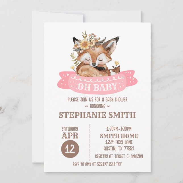 Fox Baby shower bébé fille invitation (Devant)