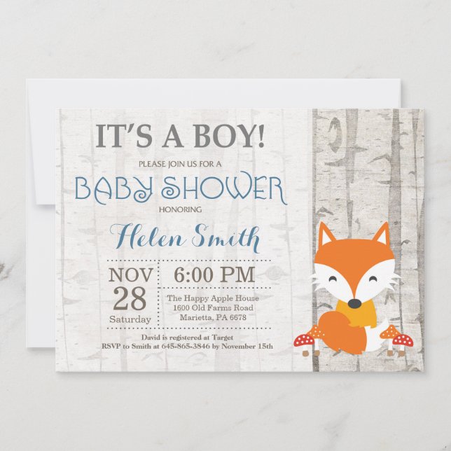 Fox Boy Baby shower Invitation Bois Rustique (Devant)