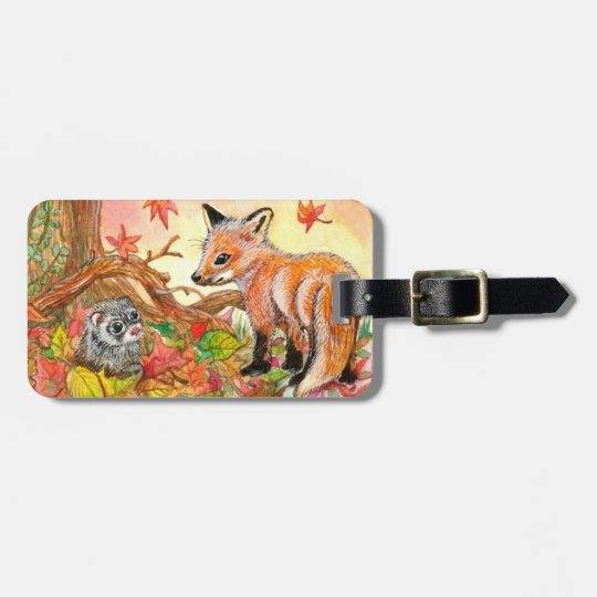 Fox et furet dans le feuille d'automne étiquette à bagage