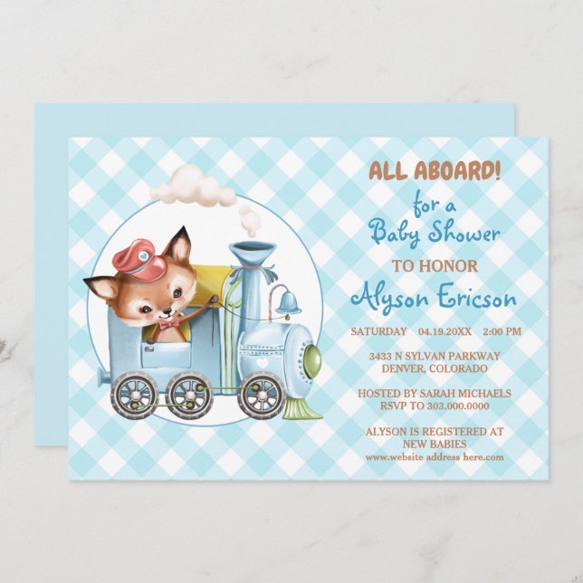 Fox et train En vichy Baby shower bleu Invitation (Devant / Derrière)