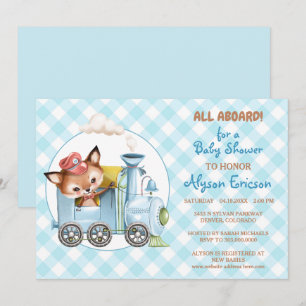 Fox et train En vichy Baby shower bleu Invitation