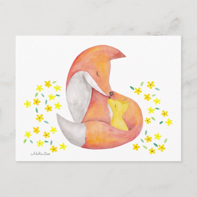 Fox Mom Baby Carte postale Red Fox Watercolor Cart (Devant)