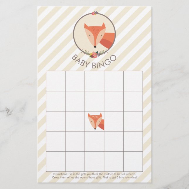 Fox Neutral Baby shower Games Bingo (Devant)