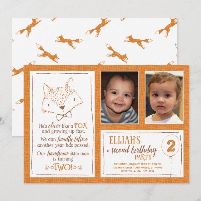 Fox Orange Blanc 2e anniversaire Invitation photo (Devant / Derrière)