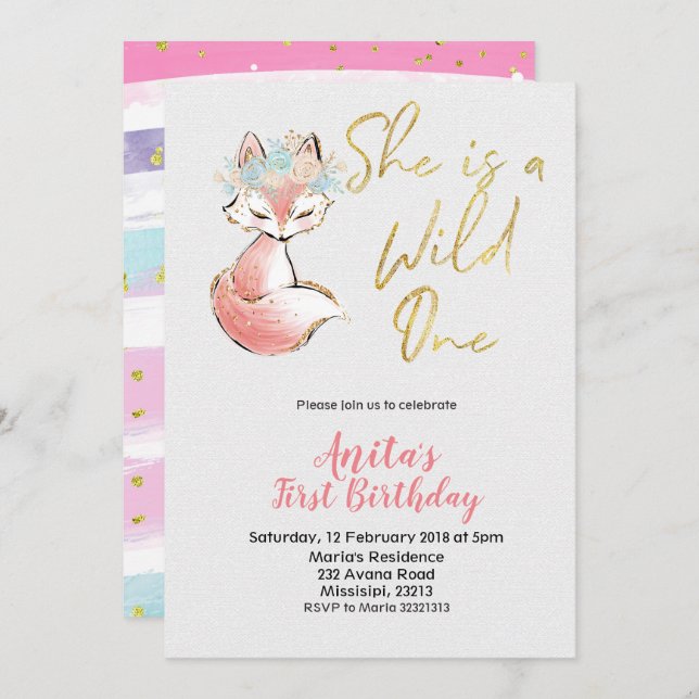 Fox She est un Wild One Birthday Invitation (Devant / Derrière)