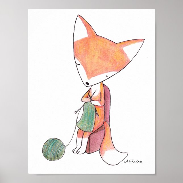 Fox Tricot Fox Wall Art Poster Woodland Nursery (Devant)