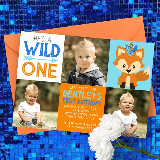 Fox Wild One 3 Photo Invitation pour le premier an (Wild One Tribal Forest Fox 3 Picture Photo Invitation in Blue, Orange and Brown)