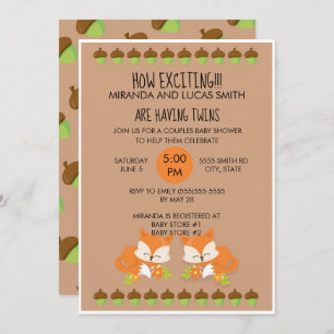 Foxes Bois Animaux Jumeaux Baby shower Invitation