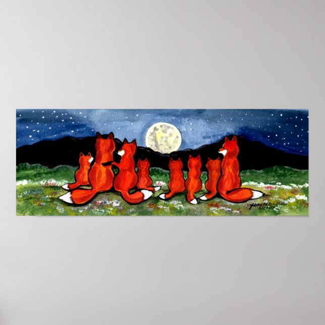 Foxes Fox Famille Regarder Lune Poster Marine Nuit (Devant)