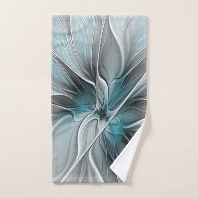 Fractal Floral Moderne Abstrait Fleur Bleu Gris (Serviette à main)