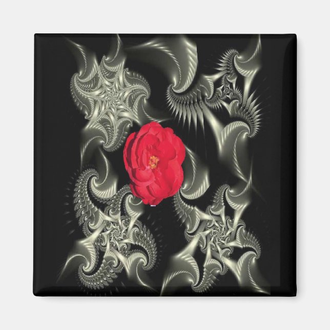 fractale noire et blanche avec aimant rose rouge (Devant)