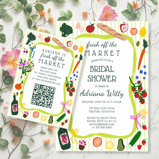 FRAÎCHEMENT DU MARCHÉ Invitation pour enterrement  (FRESH OFF THE MARKET Bridal Shower CUSTOM QR Code RSVP Card
)