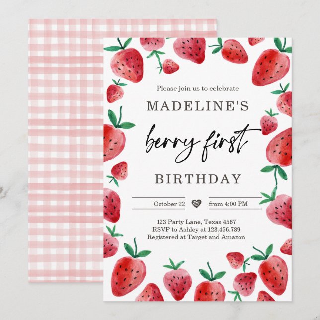 fraise 1er anniversaire Invitation premier Berry S (Devant / Derrière)
