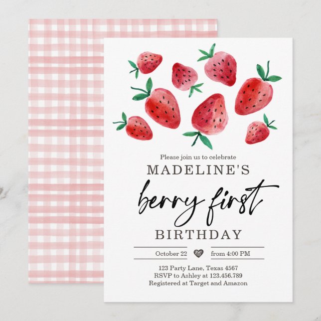 fraise 1er anniversaire Invitation premier Berry S (Devant / Derrière)