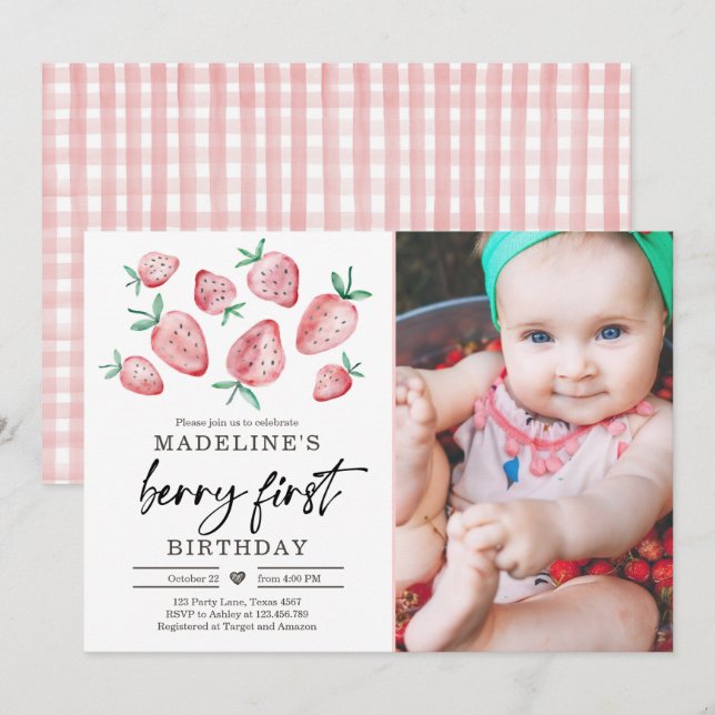 fraise 1er anniversaire Invitation premier Berry S (Devant / Derrière)