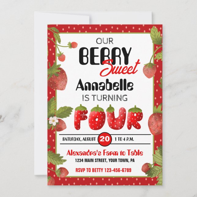 Fraise 4e anniversaire de fête Invitation (Devant)