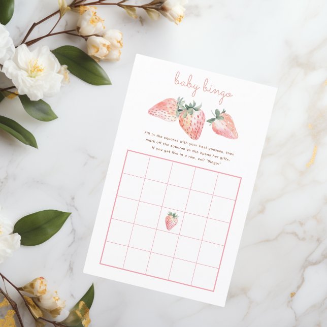 Fraise Bingo Jeu Berry Baby shower doux (berry sweet baby shower bingo game with pink coquette watercolor strawberries)