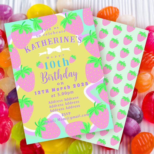 Fraise Birthday Green Blue Invitation card (Sweet Strawberry Birthday Invitation Card. )
