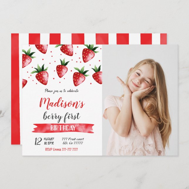 Fraise Birthday Photo Invitation (Devant / Derrière)