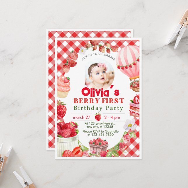 Fraise First Berry 1er Anniversaire Invitation (Devant/Arrière en situation)
