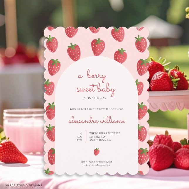 Fraise Girl Berry Baby shower doux Invitation (Front of card with scallop frame is shown in 5 x 7 inches. Choose corner and paper style.)