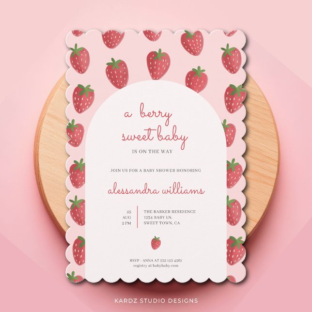 Fraise Girl Berry Baby shower doux Invitation (Berry Sweet Baby, strawberry baby shower invitation with a beautiful script, clean and elegant look)